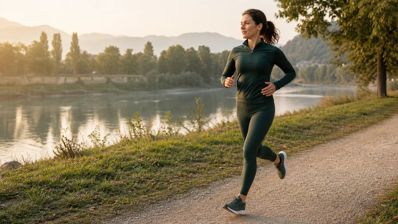 Donna adulta corre lungo un argine alberato