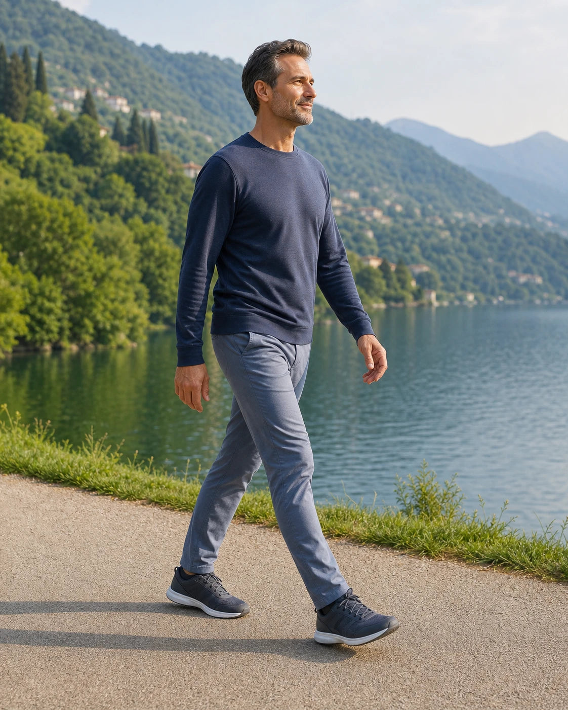 Uomo adulto cammina lungo un sentiero sul lago