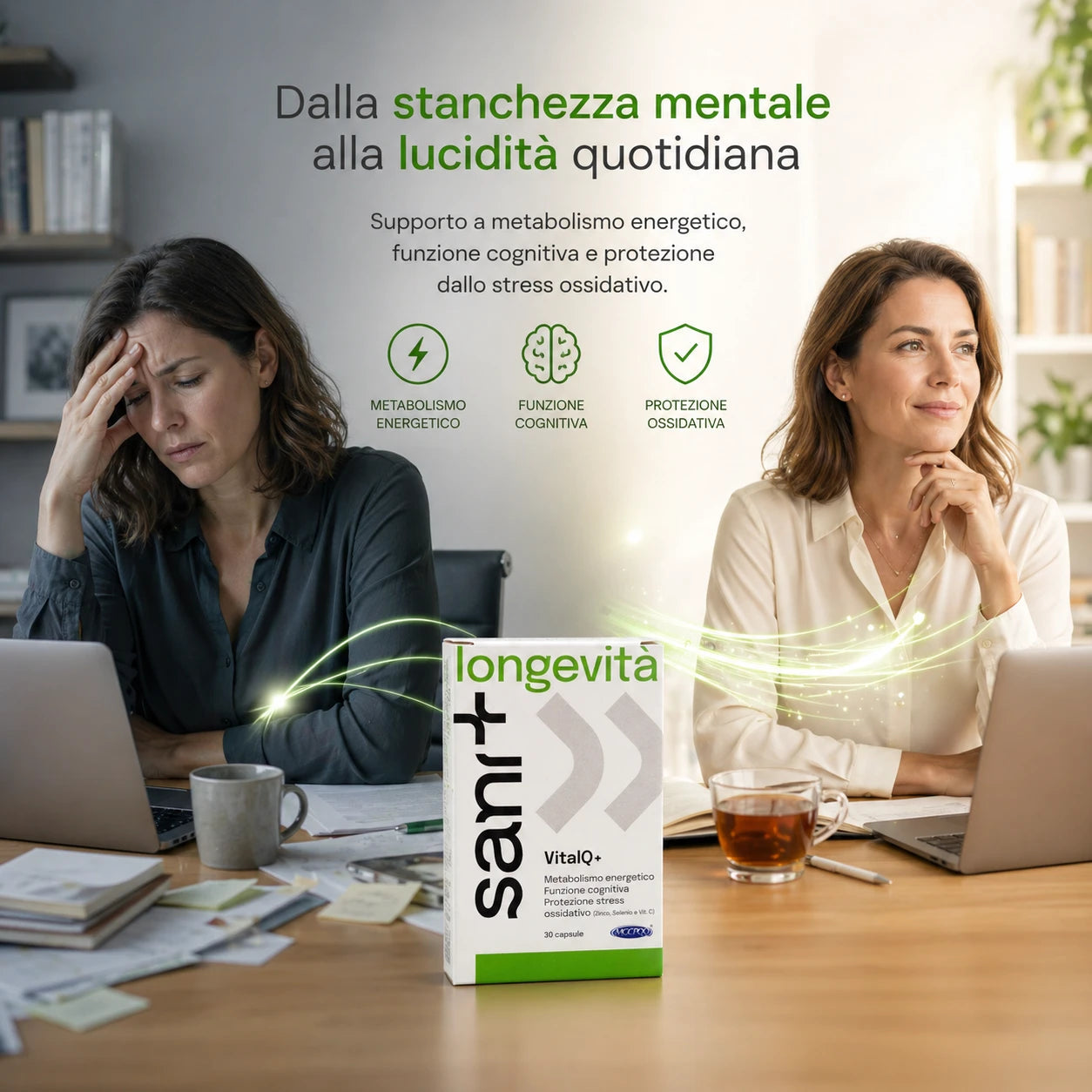 Donna al lavoro durante un momento di stanchezza mentale